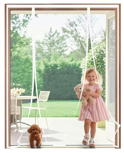 Double-Side Opening Magnetic Fly Screen Door 145x205 cm, Heavy Duty Double French Door Insect Mesh, Auto Closing Bug Curtain, No Drill Install, Full Frame Magic Tape, Translucent Fly Net, White