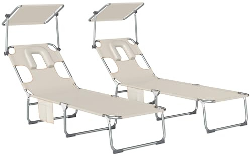 Outsunny Set de 2 Tumbonas Jardín Exterior, Tumbonas Plegables con Reposacabezas, Dosel 360°, Orificio Facial, Bolsillo Lateral, Respaldo Reclinable 5 Posiciones y Textilene 550 g/m² para Playa, Beige