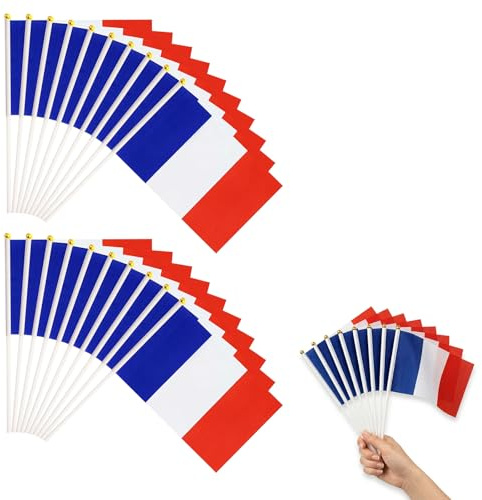 20 Pièces Petit Drapeau Francais, Mini Drapeaux à main Tricolore avec Baguette en Plastique, Petit Drapeau Français avec Baton pour Décoration Football et Jeux (14 x 21 CM)