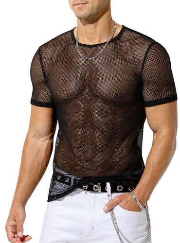 Casey Kevin Camiseta Malla Hombre Transparente Camisa de Rejilla Fishnet Negra Manga Corta Fiesta Rock Ropa Punk T-Shirt Discoteca Club Nocturno Jazz Hip Hop Dance Clubwear, M