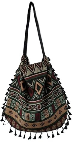Zymjzbetic Fransväska vintage bohemisk fransar axelväska för kvinnor, hippie för handväskor, öppna för kvinnor, Färg: grön, Taille unique