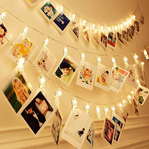 cuzile LED clip string luci a pile per foto appendini a luce calda con foto clip perfetto per appendere quadri, banconote, carte, appunti e opera (Bianco caldo 40LED alimentato via USB)