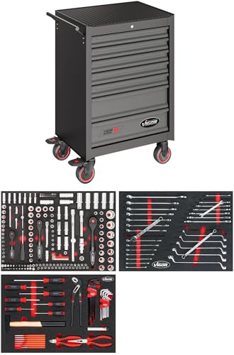 Carro de taller ViGOR Serie M con surtido de 256 piezas V2379N, 7 cajones, alfombrilla de espuma, capacidad de carga 400 kg, con alicates, destornilladores, con cerradura, 681 x 460 x 1016 mm