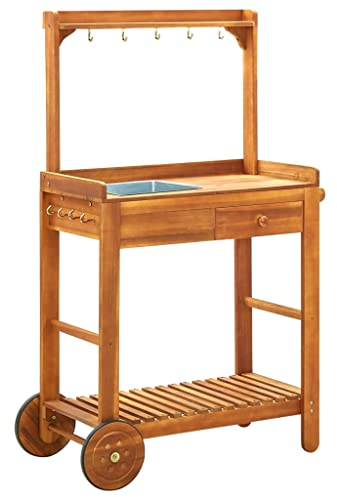 vidaXL Carrello da Cucina da Giardino Tavolo Mobile con Ruote Carrello da Cucina Arredamento Terrazzo Patio Arredo per Esterni Legno di Acacia