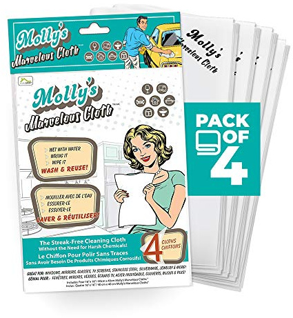 Molly's Marvelous Cloth, Streak-Free, Lint-Free Microfiber Cleaning Cloth, Polishing Cloth for Glass, Stainless Steel, Use for Kitchen, Bath, Cars, Detailing, Reusable (17 by 16) (4pk, White)