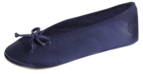 isotoner Women's Classic Stretch Satin Ballerina Slippers with Bow Tie and Leather Sole, Navy Blue, 9.5-10.5