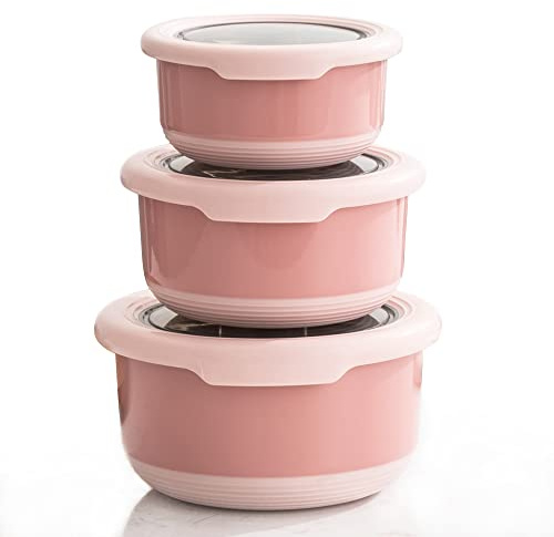 Lille Home Lot de 3 boîtes repas Bento en acier inoxydable de qualité supérieure avec extérieur antidérapant, 420 ml, 730 ml, 1,2 L, anti-fuite, sans BPA, contrôle des portions (rose)