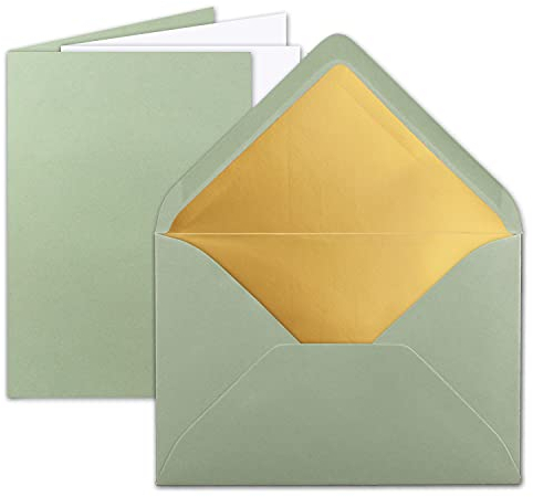 FarbenFroh by GUSTAV NEUSER 75 Sets - Faltkarten DIN A5 - Eukalyptus (Grün) mit Umschläge DIN C5 mit Gold Metallic Futter und weißen Einleger - 14,8 x 21 cm