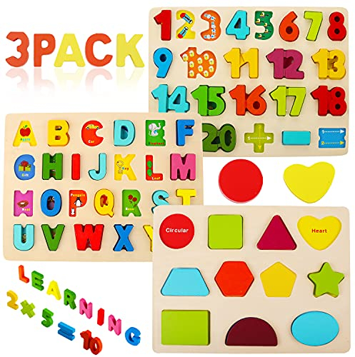 Voamuw Holzpuzzles für Kleinkinder, hölzerne Buchstaben-Zahlen-Form Puzzle für 3 4 5 Jahre alte Kinder, Montessori Spielzeug Lerngeschenk für Jungen Mädchen (3er-Set)
