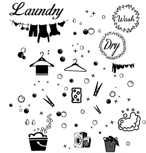 CREATCABIN 4pcs Laundry Room Vinyl Wall Decals Wash Dry Quote washing machine dryer Wall Stickers Self-Adhesive Peel and Stick Mural Decoration for Home Bathroom Washing Machine Dryer Laundry Room
