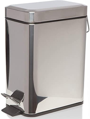 FINE STAR 5L Slim Pedal Bin Square Toilet Brush Holder Bathroom Set Rectangular Removable Bucket Trash Recycling Bin (Chrome 5 L Bin Only)