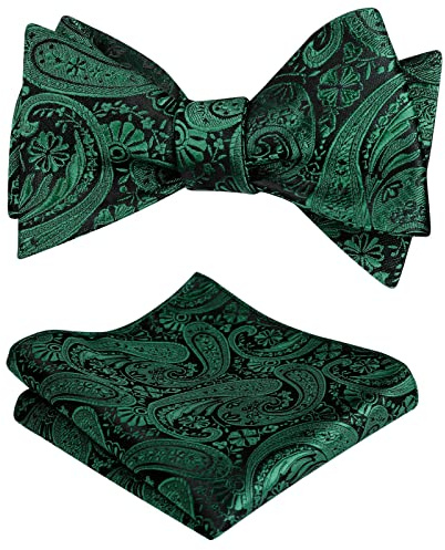 Alizeal Mens 2pcs Self-tied Paisley Bow Tie and Pocket Square Set, Dark Green