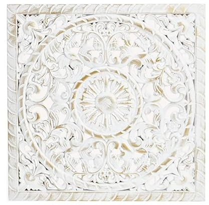 Meinposten Wandbild Holzbild Ornament weiß gold 40x40 rund 39 cm Landhaus Mandala shabby (Eckig 40x40 cm)