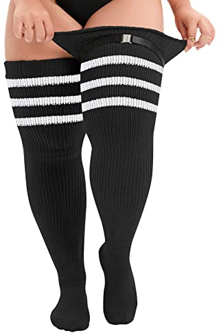 Durio Femmes Grandes Tailles Mi-bas Cuisse Chaussettes hautes au-dessus du genou Bottes longues Bas Chaussettes hautes Jambières, Rayures noires et blanches, Einheitsgröße Große Größen