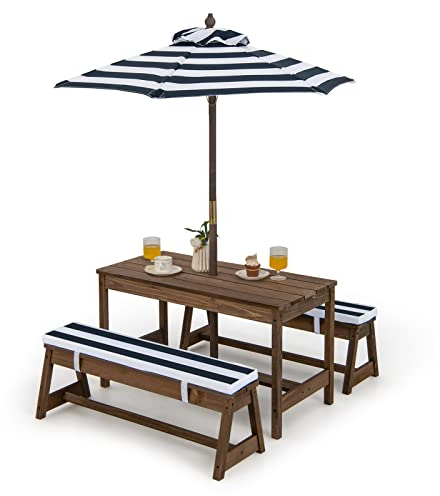 KOMFOTTEU Kindersitzgruppe mit 2 Bänke und verstellbarem Schirm, Kinder Gartenmöbelset aus Tannenholz, Kinderbank mit Kissen, Kindermöbelset für Garten Terrasse Balkon (Blau)