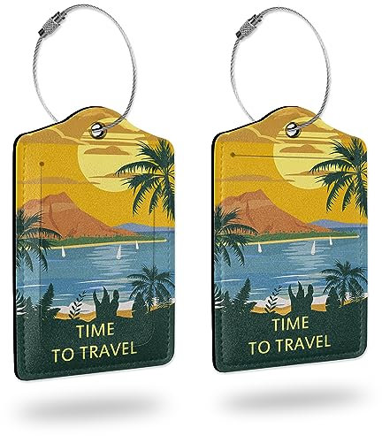 Time to Travel Gepäckanhänger für Koffer, 2 Stück, PU-Lederanhänger mit Sichtschutz, Namensausweis und Stahlschlaufe für Gepäck, Reiserucksack, Tasche für Damen und Mädchen