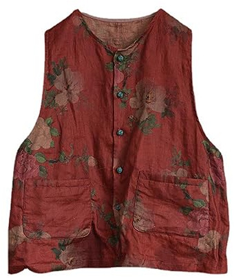 NFYM Womens Lightweight Linen Vest Handmade Knot Button Up Printed Sleeveless Blazer Jacket Tops with Pockets (Deep Red, One Size)