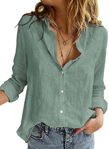 BLENCOT Bluse Damen musselin Bluse Grün Langarm Hemden Roll Up Ärmel Button Down Blusen Tops