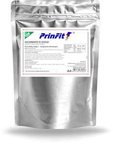 Ascorbato di sodio puro - 100g in polvere - Vitamina C tamponata a pH neutro, senza acidi – ottenuta dalla fermentazione di mais privo di OGM – Integratore Alimentare -prodotta e testata in Italia.