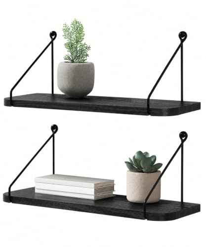 SUMGAR Wandregal schwarz Schweberegale Holz Hängeregal Küche Metall Praktische Dekorative Regale aus Holz für Schlafzimmer Badezimmer Wohnzimmer 42 cm 2er Set