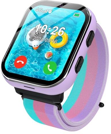 PTHTECHUS Smartwatch Kinder 4G, Kinderuhr Telefon mit Anruffunktion, mehrere Desktop-Stile zur Auswahl, Zwei-Wege-Anrufe, Kamera, MP3, SOS, Lernkarte, Geschenk für Jungen Mädchen (Lila)