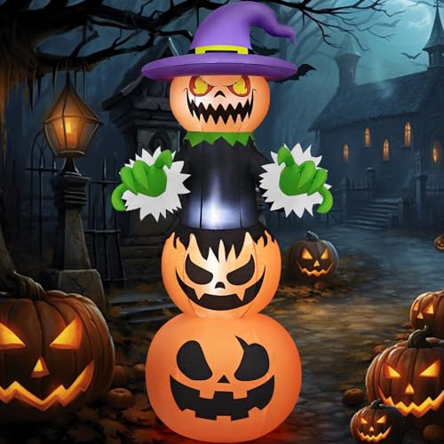 Danxilu 6FT Halloween Inflatables Outdoor Pumpkin Stack Decorations Build-in LED Lights Blow Up Pumpkins Jack-o-Lantern with Witch Hat for Outside Garden House Lawn Yard Party | Built-in LED Lights, Blow Up Decor with Jack-O'-Lantern Faces, Ideal for Outdoor, Garden, Yard, Lawn and Halloween Party