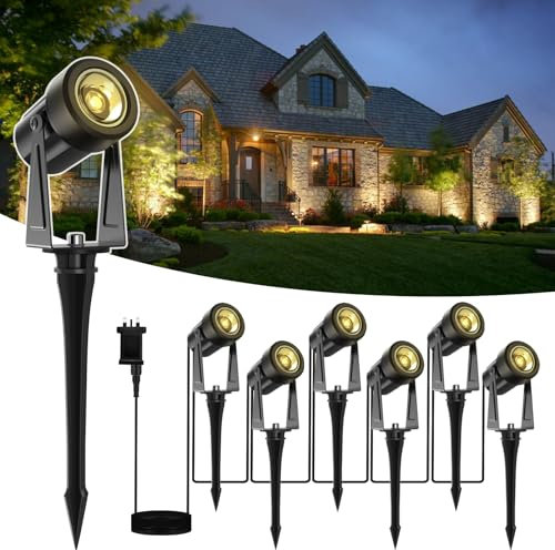 GLOBELIT Garden Spike Lights 65FT, 6-Pack 360° Adjustable Garden Spot Lights - IP65 Waterproof, 3000K Warm White, 30° Beam Angle - Ground/Wall Mount Outdoor LED Mains Powered (Black)