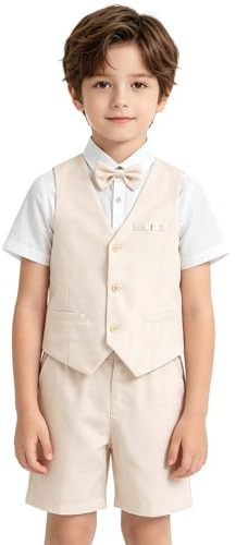 LOLANTA Set med 4 delar, pojkar, linne, sommarkostym, festliga sommarbröllop, dop, ceremoni, kostymer, födelsedag, festkläder, barn, västar, shorts, kostym, set med fluga, Beige, 10-11 år