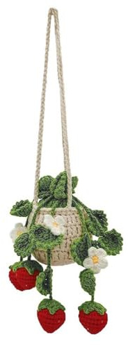 Crochet back plant, auto pendant crocheted strawberry | cute crochet hanging ornament for women, car rear view hanging plant