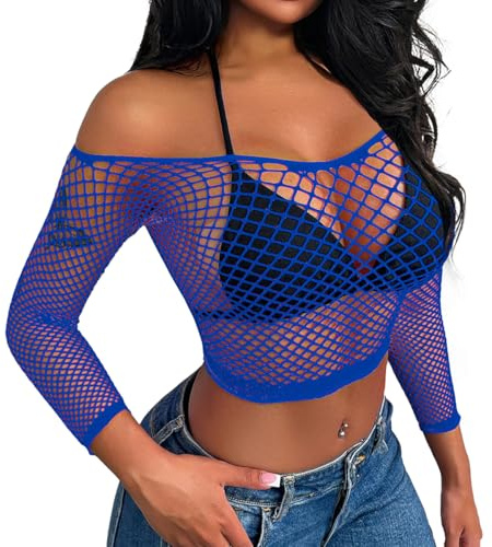 Buitifo Kvinnor sexig utskuren kort topp underkläder nätbody babydoll bikini strand täcka, Färg: blå, M