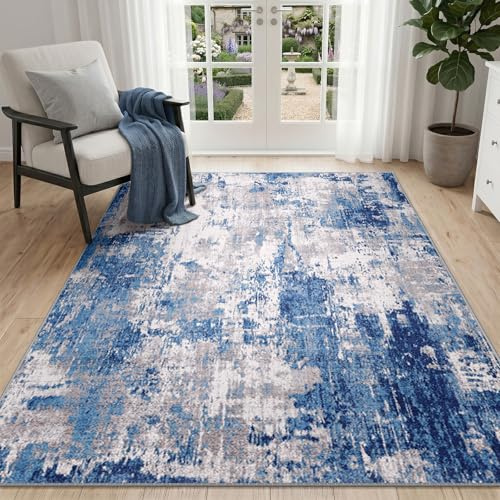 DEFYNEE Modern Abstract Rugs Living Room 120x180 cm Non-Slip Soft Low-Pile Washable Rug for Hallway, Bedroom, and Office-Greyblue