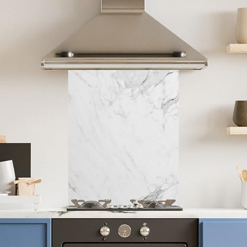 Toughened 6mm Glass Kitchen Splashback 60 x 75cm White Veiny Marble - Polished Heat Resistant Back Splash for Cookers Hob