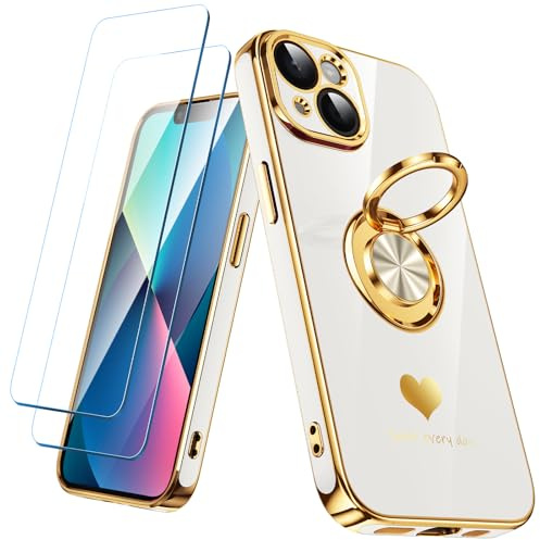 Nonional Compatible for iPhone 14 Case with 2 Pack Screen Protector, 360° Rotatable Ring Holder [Luxury Hearts Pattern] Plating Gold Edge Slim Soft Phone Cover Case for iPhone 14 - White