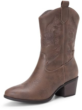 DREAM PAIRS cowboystövlar för kvinnor, cowgirlstövlar i mitten av vaden med broderi, rund tå, västerländsk tjocka lågklackade skor