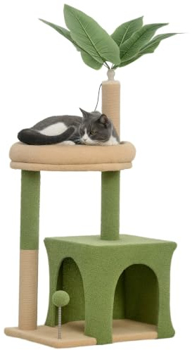 PawHut Arbre à Chat, Tour de Jeux pour Chat, 98 cm, avec Niche, lit, griffoirs, 2 balles de Jeu et Feuilles artificielles, Vert