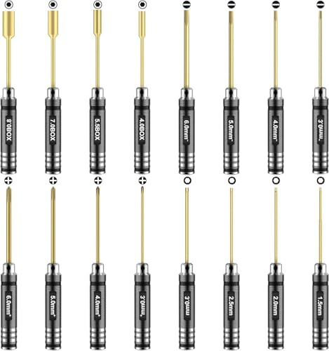 RC Car Tool Kit - 16pcs Screwdriver Set Includes Flat, Phillips, Hex, Titanium Steel Tools with Storage Bag for RC Car, Drone, Helicopter Models