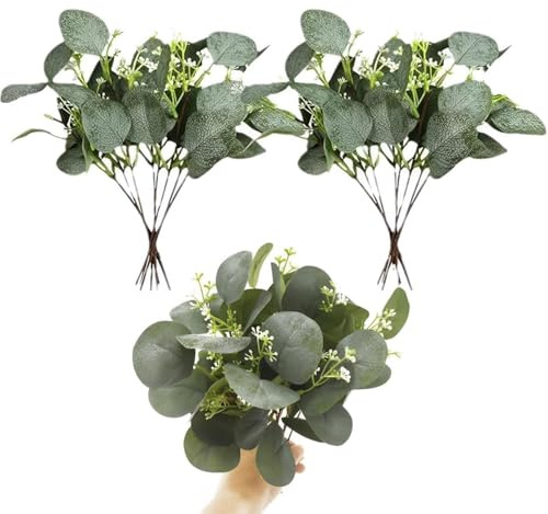 Probuk 12 Stück Künstliche Eukalyptus Pflanzen mit Beeren, Realistische Zweige, Eukalyptus künstlich Zweige Deko für Hochzeit, Garten, Innen & Außen Dekoration, Pflegeleicht, Büro Dekoration