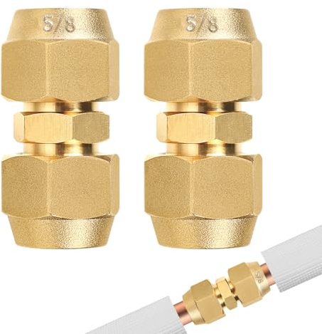SUPAWAY 2 Stück Doppelnippel für Kupferrohre 5/8'' Kupferrohrverbinder Messing Kupferrohrverlängerung Ohne Schweißen Klimaanlagen Verschraubung Set mit 2 Überwurfmutter Kupferrohrdurchmesser 15,88 mm