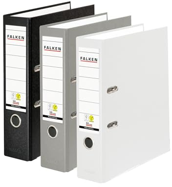 Original Falken 3er Pack PP-Color Ordner. Made in Germany. 8 cm breit DIN A4 farbig sortiert Schwarz-Grau-Weiß Vegan Kunststoff-Ordner Ringordner Aktenordner Briefordner Büroordner Plastikordner | Made in Germany farbig sortiert Vegan Kunststoffbezug außen Papierbezug innen