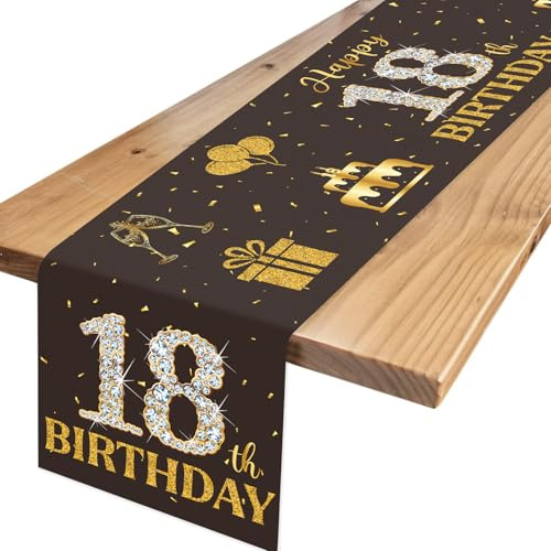 18th Birthday Table Runner Boys Girls, Black Gold Glitter 18th Birthday Decorations for Him Her, Number 18 Table Centrepiece Decoration for 18th Birthday Party Favor Photo Booth Props, 180x35cm