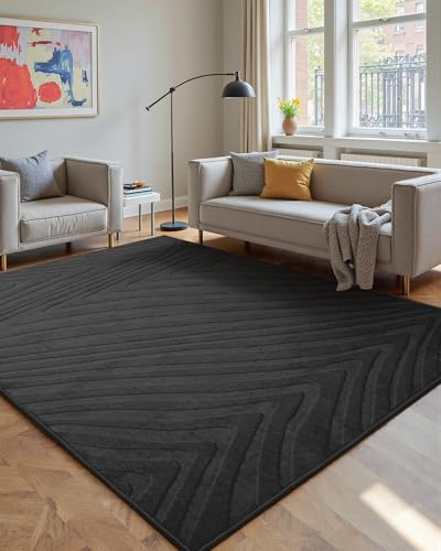 DEFYNEE Washable Rugs Living Room Large 152x213cm, Monstera Leaf Design, Soft Short Pile, High-Low Texture, Shedding-Resistant Non-Slip Modern Carpet for Bedroom, Dining – Dark Grey