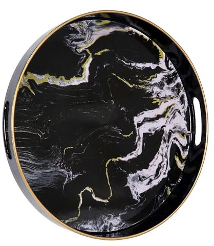 Heaven4you Round Serving Tray 33cm Black Marble Gold Trim Handles Circular
