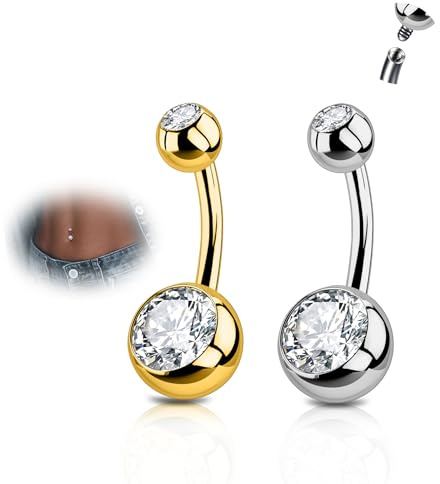 AVYRING Set di 2 piercing per ombelico da donna, 14 G in titanio con accenti di diamanti, lunghezza 6/8/10/12/14 mm, argento e oro, ipoallergenici e confortevoli, 12mm, Titanio