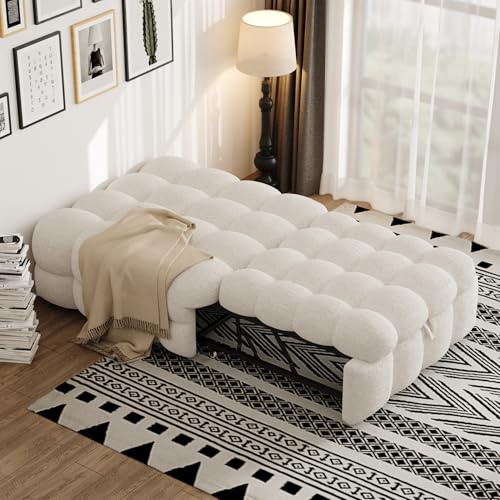 EINHOM Schlafsofa Polsterbett 75 x 180 cm, 2-in-1-Fußhocker, Ausziehbares Schlafsofa, Einzelbett, Jugendbett, Puffy-Bett, Teddy-Stoff (Beige)