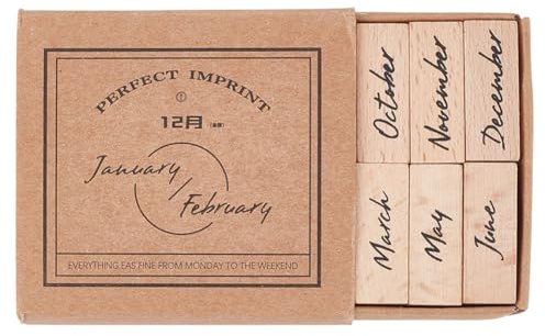 MAYJOYDIY 12 Pcs Month Stamp Set, Wood Mounted Rubber Stamps, 32x12x24mm Vintage English Date Wood Seal for Scrapbooking, Journaling, Calendar, Planner, Diary, Cards