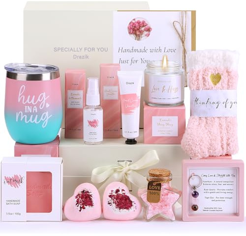 Drazik® Hug in a Box Pamper Gifts for Women Birthday, Sending Hugs Self Care Package for Her, Relaxation Spa Bath Set Thinking of You Get Well Soon Hamper Present Ideas for Women Best Friend Bestie