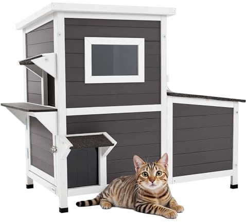 VEVOR Upphöjt katthus, 107 x 63,3 x 86,3 cm, 2 våningar utomhus katthus, träskydd med genomskinligt fönster, flippdörr, asfalttak, för vilda katter inomhus utomhus