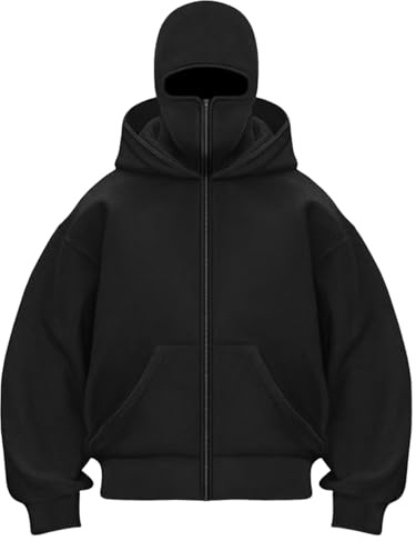 Generisch Balaclava Zip Hoodie Herren Damen Einfarbig Kapuzenpullover Warm mit Sturmhaube Casual Hoodie mit Reißverschluss und Tasche Lockeres Sweatjacke Y2K Tops