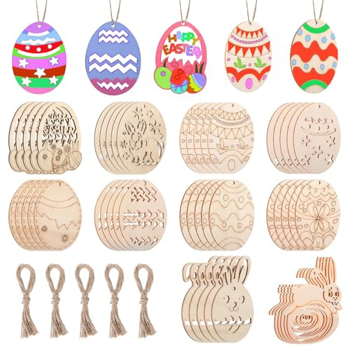 Oryxalv 50 Stück Holz Ostereier zum Bemalen – Unvollendete Holzanhänger für Ostern Basteln Kinder, DIY Ostereier Holz zum Aufhängen, Osterdeko Basteln für Schule, Zuhause & Frühling (A)