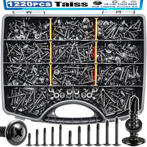 Taiss 1220PCS #8#10 Self Tapping Screws for Metal 410 Stainless Steel Self Drilling Screws (1/2'' to 2''),Black Zinc Plating Sheet Metal Screw for Metal with Washer